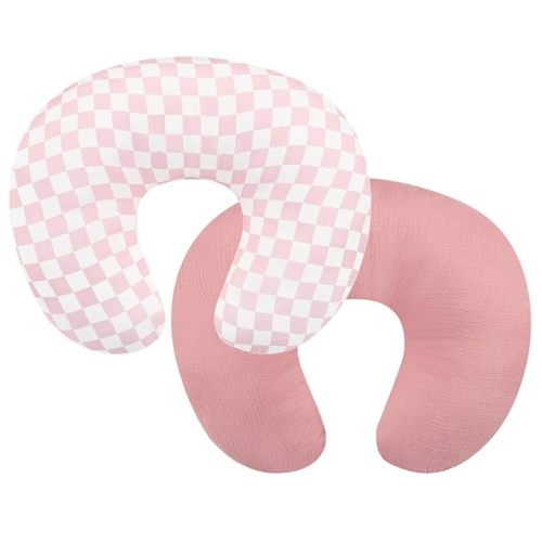 DILIMI Muslin Nursing Pillow Cover 2 Pack, Removable Nursing Cover for Breastfeeding Pillows, Ultra Soft Comfortable Slipcover for Baby Girl and Boy, Pink and Checkered