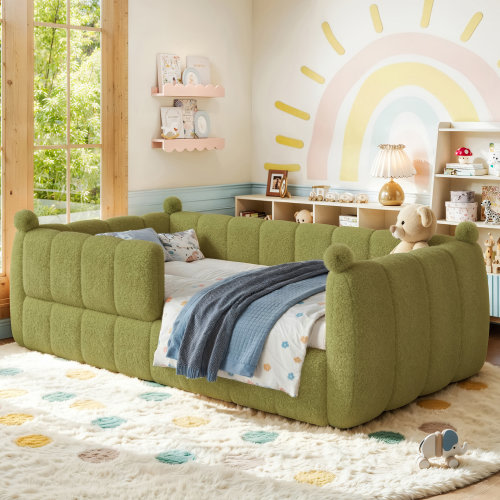 NFusion SnugHaven Queen Size Kids Soft Upholstered Floor Bed in a Montessori style with full surround safety rails and teddy material. | Wayfair