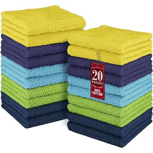 DecorRack 20 Pack 100% Cotton Wash Cloth, Luxurious Soft, 12 x 12 inch Ultra Absorbent, Machine Washable Washcloths, Assorted Set 3 (20 Pack)