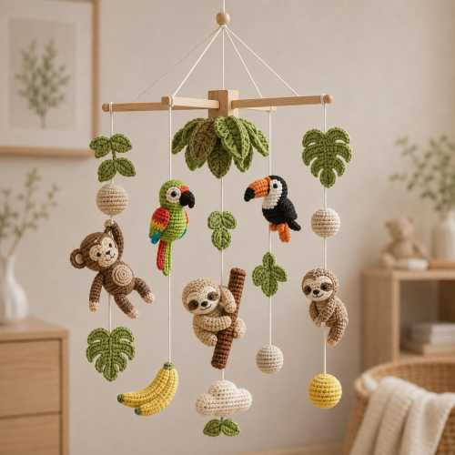 Handmade Jungle Baby Mobile, Crochet Monkey Sloth Parrot Crib Mobile with Palm Leaves, Safari Nursery Decor, Custom Baby Gift