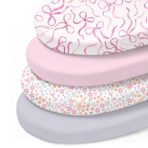 Little Grape Land Bassinet Sheets 4 Pack, 33"x18" Fitted Sheets 4" | Ultra Soft Baby Bassinet Sheets for Bassinet Mattress, Breathable Fitted Bedding, Cozy Nursery Essential for Newborns