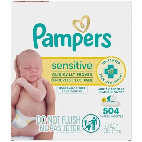 Pampers Sensitive Baby Wipes, Clinically Proven, Water Based, Hypoallergenic and Unscented Baby Wipes, 504 Baby Wipes Total (6X Flip-Top Packs)