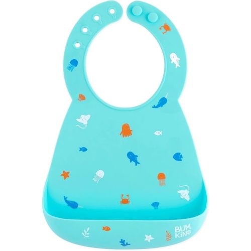 Bumkins Bibs, Silicone Pocket for Babies, Baby Bib for Girl or Boy, for 6-24 Months Up to Toddler, Essential Must Have for Eating, Feeding, Baby Led Weaning Supplies, Mess Saving, Ocean Life Blue