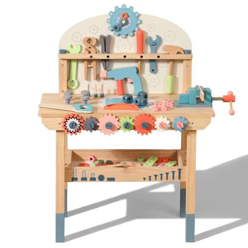 WOODENFUN Wooden Power Tool Workbench for Kids, Pretend Play Tools Sets | Construction Workbench with Wrench, Screwdriver, Miter Saw and Hammer, Educational Birthday Gift for Toddlers 3-5