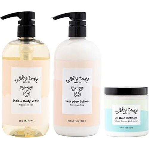 TUBBY TODD 3-Step Baby Bath & Skincare Routine - The Regulars Bundle - Baby Shampoo and Body Wash, Everyday Lotion 25 Oz & All Over Ointment 8 Oz - Fragrance-Free