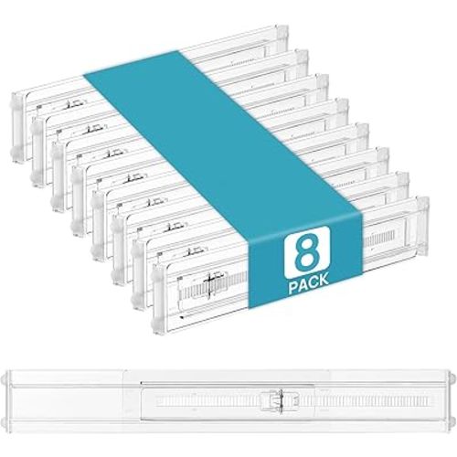 Vtopmart 8 Pack Shallow Drawer Dividers, 2.36" High 12.5"-20.8" Adjustable Expandable Kitchen Drawer Organizer, Clear Plastic Organizer Separators for Flatware, Utensil, Cutlery, Underwear, Clothes
