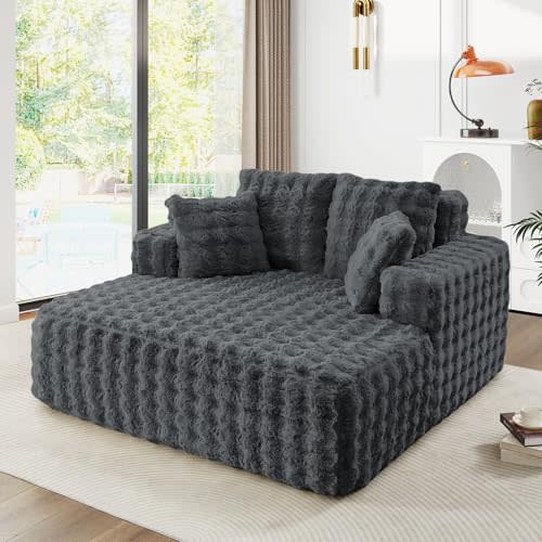 JEEOHEY 56" W Oversized Chaise Lounge Chair Indoor,Plush Faux Fur Sleeper Couch Sofa Bed with Pillows,Fluffy Comfy Cloud Sofa,Compression Foam Boneless Couch for Living Room,Bedroom(Bubble, Grey)