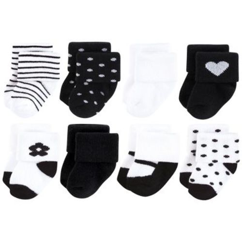Hudson Baby Infant Girls Cotton Rich Newborn and Terry Socks 8-Pack, Black Flower, 0-6 Months