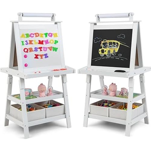 HONEY JOY Art Easel for Kids, 3-in-1 Double-Sided Wooden Toddler Easel w/Magnetic White Board & Chalkboard, Paper Roll, 2 Storage Bins, Painting Dry Erase, Kids Easel for Boys Girls Aged 3+ (White)