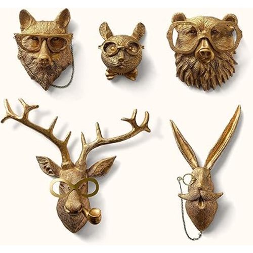 97 Decor 5 Pack Gold Animal Head Wall Decor - Faux Deer Head Wall Mount, Vintage Rabbit Art For Living Room Bedroom Kitchen Office, Fox Animal Sculpture Home Decorations