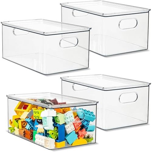 primebox Plastic Clear Stackable Storage Bins with Lids. Great for Pantry or Kitchen Organization. Fridge Organization Containers. Cabinet, Bathroom Organizer. 4 Pack