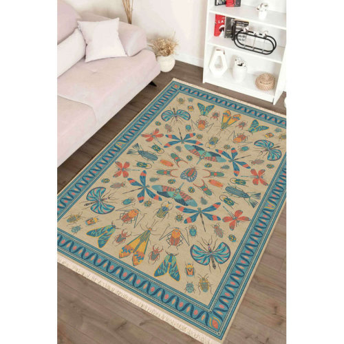 SpiritHome Natural Bug & Insect Botanical Border Area Rug | Wayfair