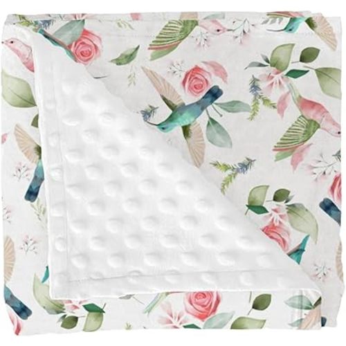 Hummingbird Greenery Floral Baby Blankets for Girl Boy Spring Birds Boho Leaves Soft Mink Dotted Backing Double Layer Swaddle Receiving Blanket Forest Animals Bed Throw for Newborn Toddler Crib 30x40