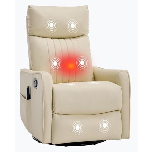 PELUMY 360 Swivel Rocking Recliner Chair for Adults, Nursery Rocking Chair with Heat and Massage, Glider Reclining Chair for Small Space, Living Room, Bedroom (Breathable Leather, Creamy Beige)