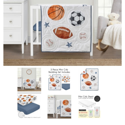 Watercolor Sports Theme 3 Piece Mini Crib Bedding Set