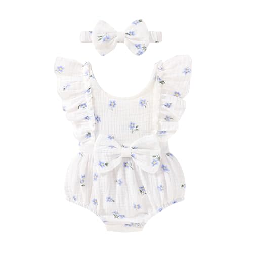 YOUNGER TREE Newborn Baby Girl Clothes Ruffle Sleeve Rompers Infant Backless Floral Jumpsuit Summer Outfits with Headband