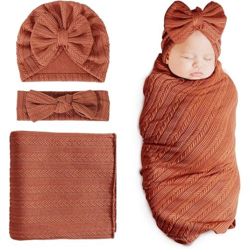 DRESHOW BQUBO Newborn Receiving Blanket Toddler Warm for Girls with Bow Hat and Bow Headband Shower Gift