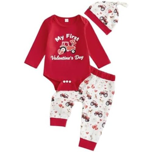 Newborn Baby Boy First Valentine’s Day Outfit Tractor Heart Dog Long Sleeve Romper Jumpsuit and Pants 3Pcs