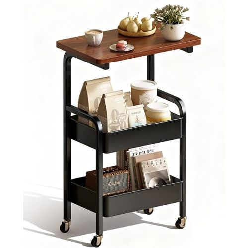 3 Tier Metal Rolling Cart, Walnut Top