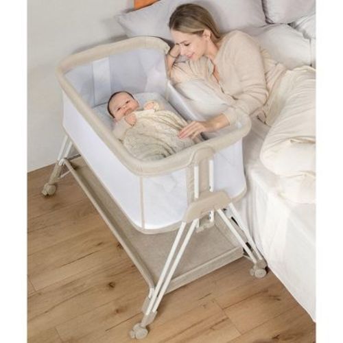 Fodoss Baby Bassinet Bedside Sleeper with Wheels & Storage Tray, Portable Crib for Newborns