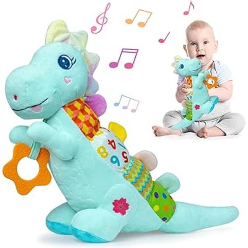 Baby Dino Plush Soft Stuffed Animal Toy for 0-3-6-12+ Months,Infant Musical Toy with Rattle,Squeaker,Sensory Crinkle,Teether & Textures,Tummy Time Toys Christmas Baby Gift for Newborn Girl Boy (Blue)