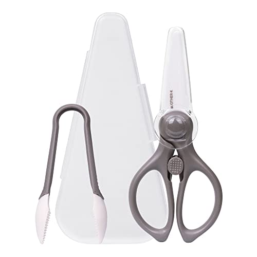 MOTHER-K Portable Ceramic Scissors with Tongs Set, Ceramic Scissors for Baby Food with Protective Blade Cover and Portable Case, Safety Lock (GREY)