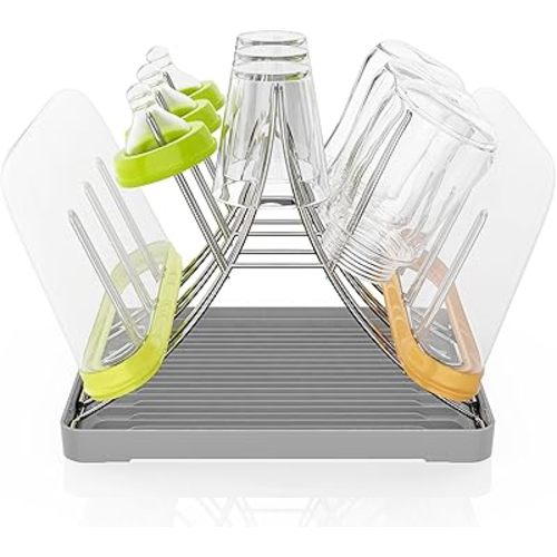 Baby Bottle Drying Rack, Space Saving Bottle Drying Tree Rack with Drainboard for Cups, Mugs and Glass, Sports Bottle, Holds Up to 15 Baby Bottles ，Foldable,Stainless Steel,