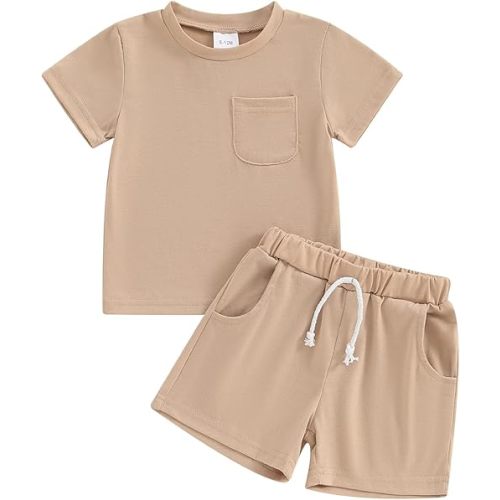 Toddler Baby Boy Girl Summer Outfits Cotton Short Sleeve Solid T-shirt Top Casual Shorts Neutral Spring Clothes