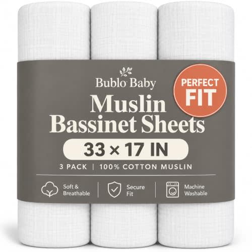 Muslin Bassinet Sheets 3 Pack, 33x17x4 Fitted Sheet for Newborn Boys & Girls, Soft Breathable 100% Cotton, Universal Fit for Halo BassiNest, Baby Delight, Graco, Oval & Rectangle Mattress