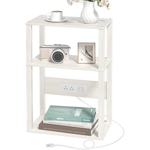 3-Tier Small Narrow Wood Side Table with Charging Station, Skinny Nightstand for Small Space, Slim Bedside Table with Storage for Couch, Thin End Table with USB Ports and Outlets, Grey White