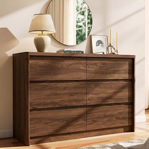 6 Drawer Walnut Dresser for Bedroom, 47.2" Wide Modern Chest of Drawers with 6 Large Storage Space with Curved Edge Design, Large Dresser for Bedroom,Walnut