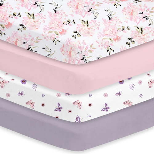 Little Grape Land Crib Sheets for Baby Girls 4 Pack, 28"x 52" Extra Soft Microfiber Crib Sheet Set for Standard Crib & Toddler Mattress Pad, Butterfly
