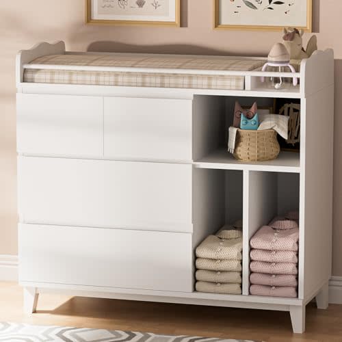Nursery Dresser with Changing Table Top, Tall Changing Table Dresser of Bedroom, Wooden Dressers & Chests of Drawers, 4 Drawers with 2 Open Shelves, White