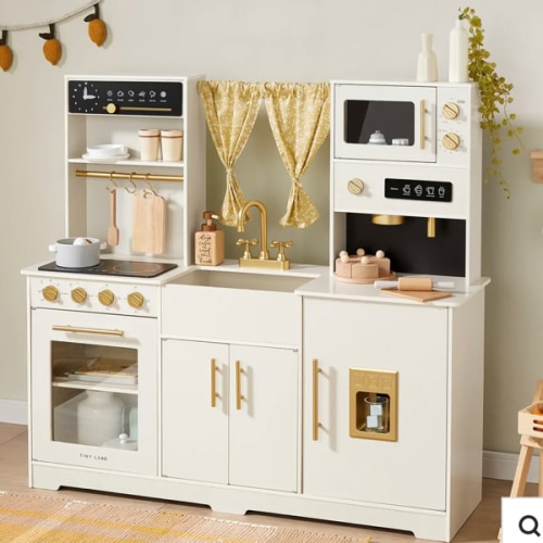 Tiny Land® Iconic Wooden Play Kitchen – Cream Pretend Cooking Set for Kids