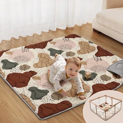 Blissful Diary Baby Play Mat, 47x47 Infant Play Mat for Playpen, Thicken Foam Cushioned Baby Mat for Floor, Non-Slip Kids Play Mat, Washable Baby Playmat for Babies,Toddlers, Earth Tones Design
