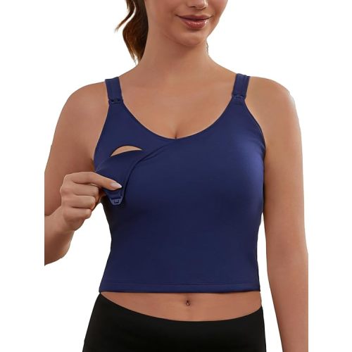 Ecavus Nursing Bras for Breastfeeding Longline Sports Maternity V Neck Buttery Soft Crop Tank Top with Built in Bra