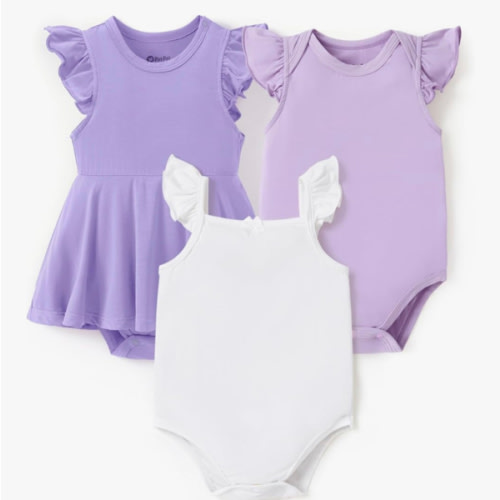 PATPAT Baby Girl Bodysuits - Soft Bamboo Viscose - Flutter Sleeves Cute Dress - Newborn Infant Summer Clothes - 3 Pack