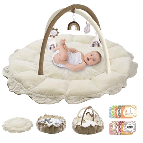 5-in-1 Convertible Baby Play Gym with 6 Toys, Tummy Time Mat for Sensory Development, Baby Activity Center from Newborn to Toddler, Ball Pit, Cat & Dog Bed, Soft Plush Pet Bed, No Ball Included Brown