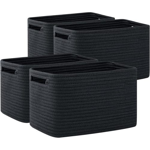 OIAHOMY 4 Pack Storage Baskets for Organizing, Cube Storage Bins for Shelves, Rectangle Storage Baskets With Handles, Woven Baskets for Storage, 12.7''Lx9''Wx7.8''H, Black