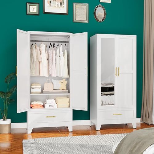 71" H Metal Armoire Wardrobe Closet with Mirror(White)