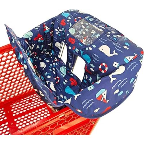 2-in-1 Shopping Cart and High Chair Cover for Baby, Padded Cover, Fold'n Roll Style, Portable with Carry Bag (Blue Whale)