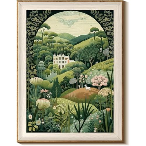 WHASAYART Green Whimsical Forest Wall Art 12x16 Inch Framed Canvas Print, Fairy Tale Castle Painting, Boho Modern Folk Artwork for Living Room Bathroom, Fantasy Woodland Nursery Decor