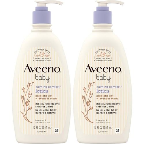 Aveeno Baby Calming Comfort Moisturizing Body Lotion with Relaxing Lavender & Vanilla Scents, Non-Greasy Baby Lotion, Nourishing Prebiotic Oatmeal, & No added parabens 12 fl. oz (Pack of 2)