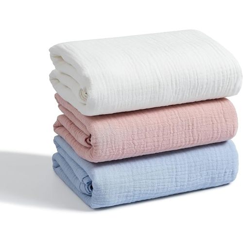 Meracorallo Muslin Swaddle Blanket, 100% Cotton Receiving Blanket Soft and Breathable Swaddle Wrap for Baby Boys and Girls, 3 Pack, Sky Blue+Pink+White