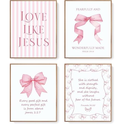 LARTSFRO Coquette Pink Bow Jesus Wall Art Decor Posters, Light Pink Bow Christian Room Bedroom Bathroom Dorm Wall Art Decor Aesthetic for College Teen Girls Gifts, Inspirational Bible Verses Bow Wall Decor, 10x8 Inch Set of 4 Bow Pictures (UNFRAMED)