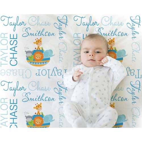 Blue Noah's Ark baby blanket, personalized religious baby gift Noah's ark animals blanket boy girl baby custom blanket, choose color