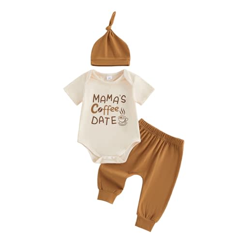 3Pcs Newborn Baby Boy Clothes Mama's Coffee Date Short Sleeve Romper Shirt Pants Hat Set Summer Outfits