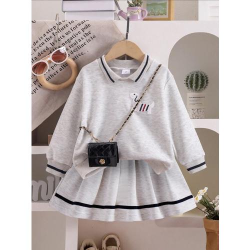 4-5 2pcs Girls' School Outfit Set - Gray Turtleneck Top & Pleated Skirt with White Piping Trim, Structured Collar & Short Sleeves, Machine Washable School Uniforms for Spring/Fall, Casual or Formal Wear, Comfortable Everyday Outfits for School Events, Pla