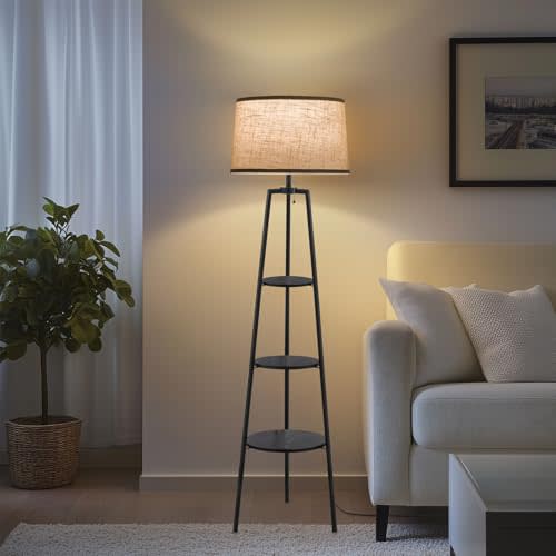 EOEYYOYB 3 Tier Shelf Floor Lamps for Living Room, Modern Standing Lamp with 3 Color Temperature Led Bulb, Tall Lamps for Bedroom and Office, Black