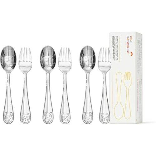 KINGSTONE Toddler Utensils Set, 6-Piece Small Forks & Spoons, 18/10 Stainless Steel, Cat & Dog Print, Ergonomic Self-Feeding Kids Flatware for Home, Travel & Preschool